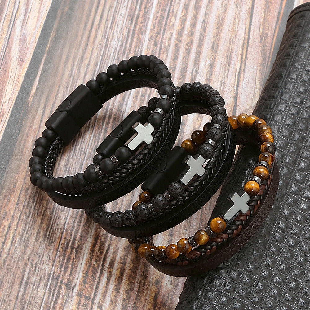 Bracelet Natural Stone Stainless Steel Bracelet Tiger Eye Stone Men's Cross Bracelet Jewelry