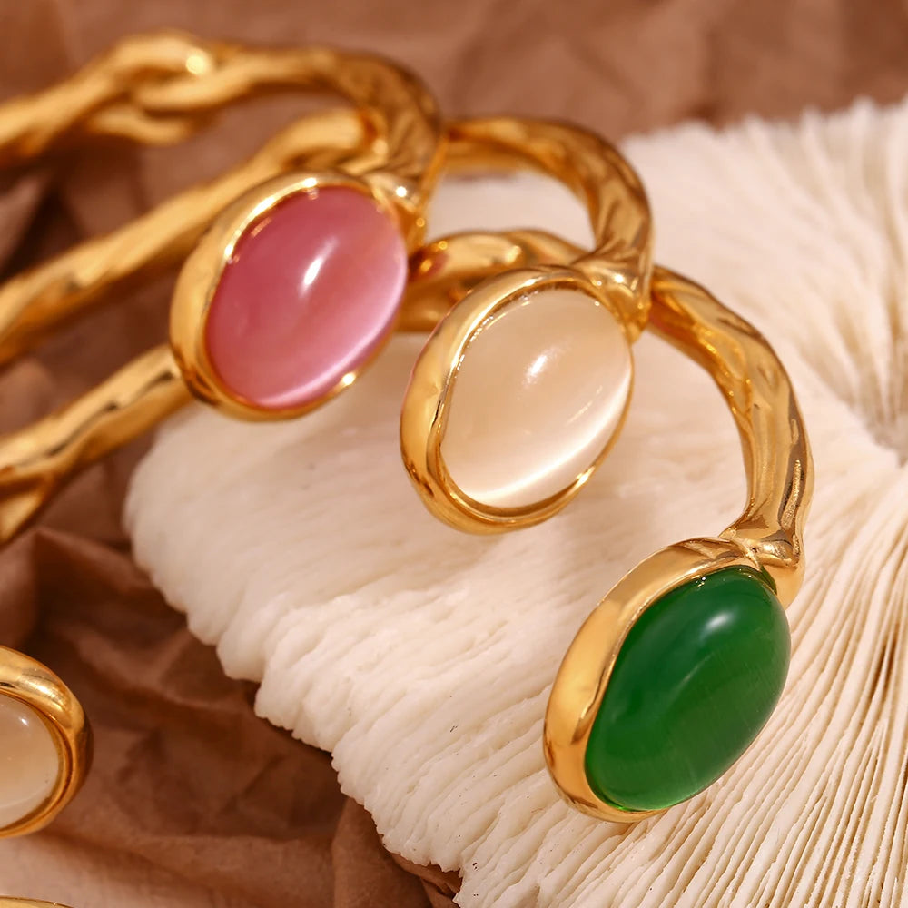 Natural Stones: Green Agate, Pink Crystal, 18K Gold Plated 316L Stainless Steel Bracelets