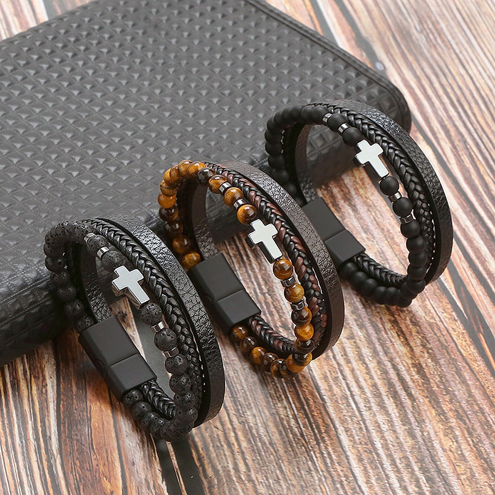 Bracelet Natural Stone Stainless Steel Bracelet Tiger Eye Stone Men's Cross Bracelet Jewelry