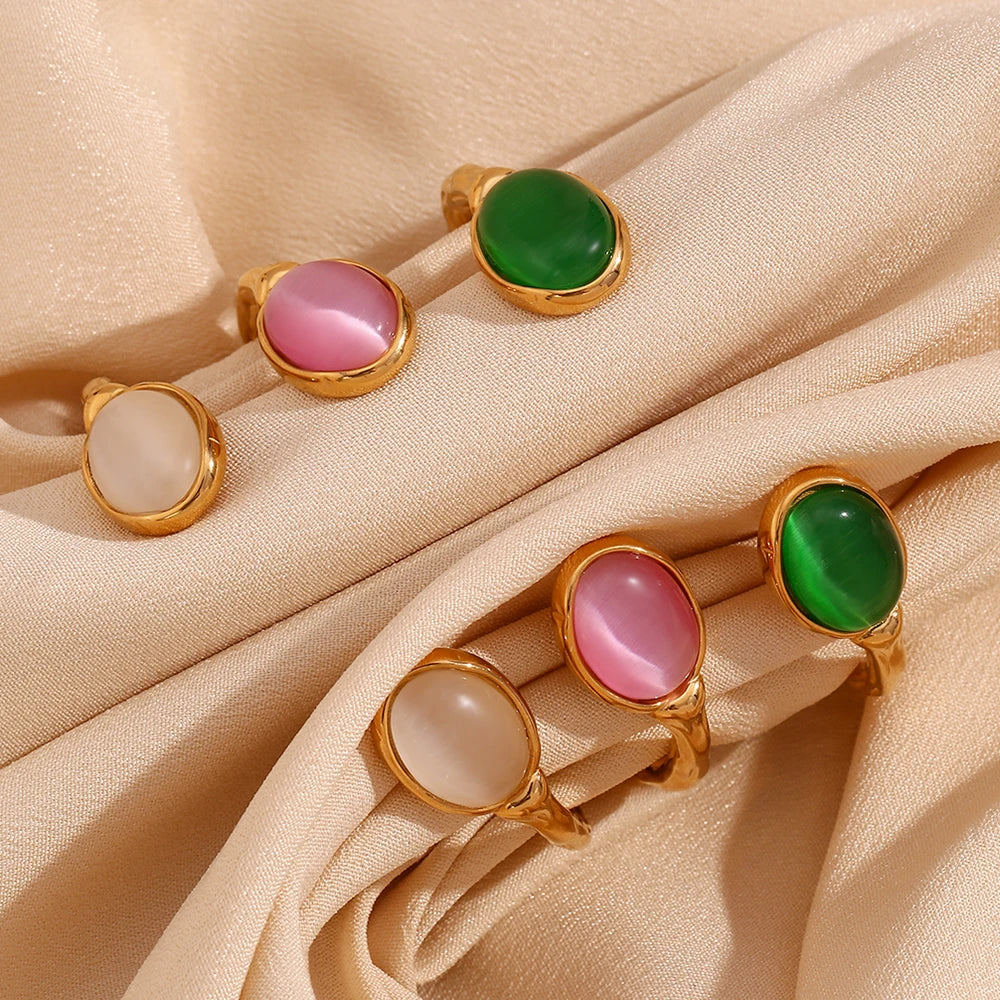 Natural Stones: Green Agate, Pink Crystal, 18K Gold Plated 316L Stainless Steel Bracelets