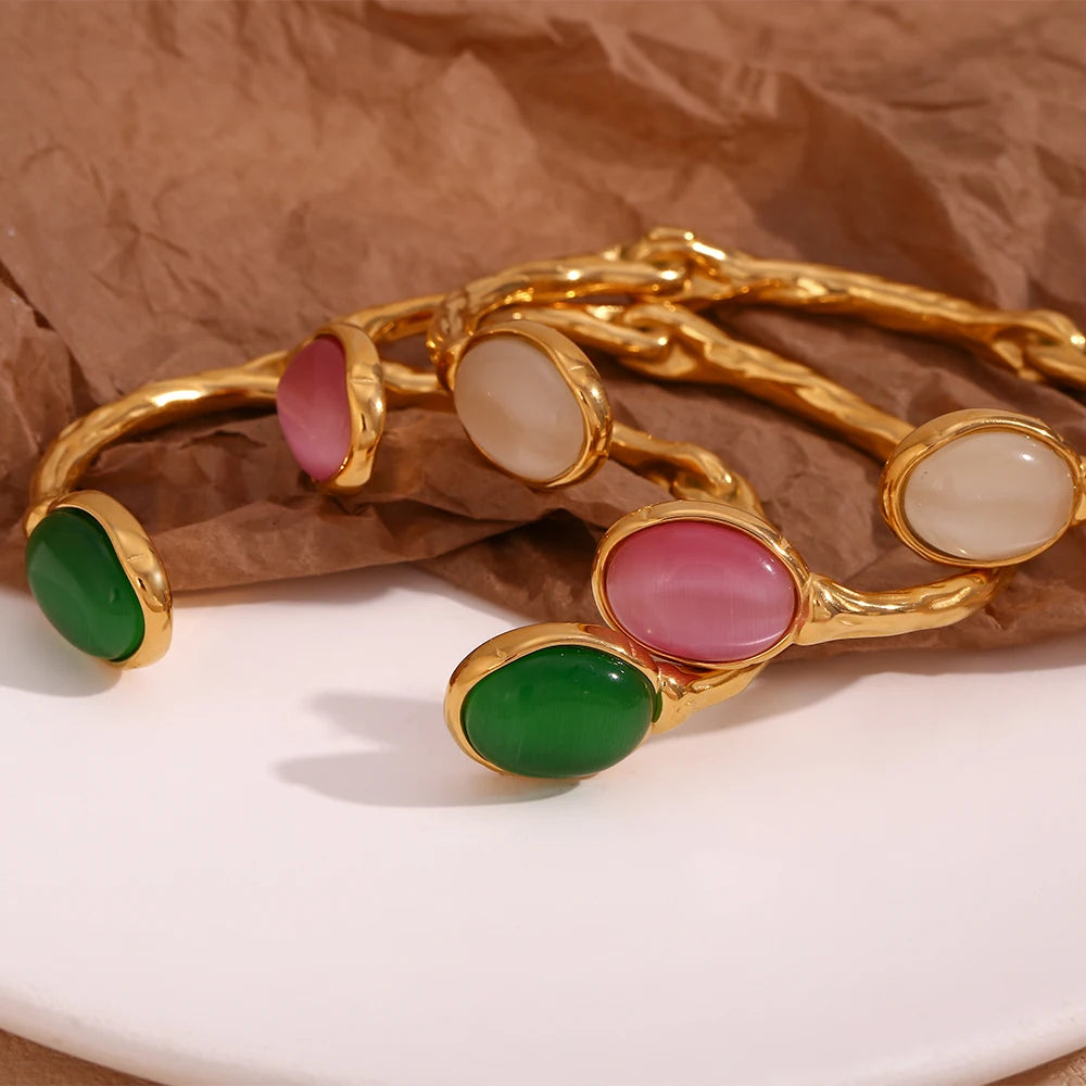 Natural Stones: Green Agate, Pink Crystal, 18K Gold Plated 316L Stainless Steel Bracelets