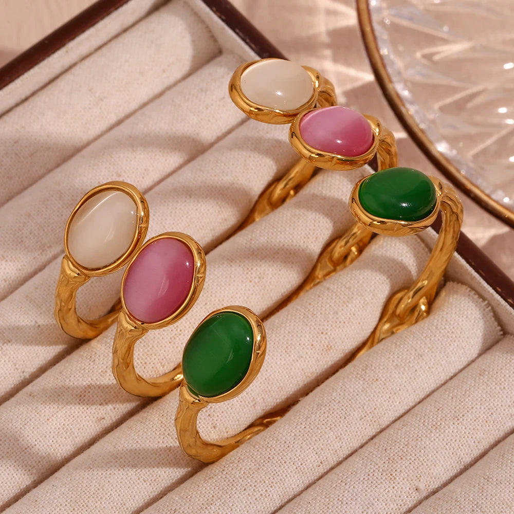 Natural Stones: Green Agate, Pink Crystal, 18K Gold Plated 316L Stainless Steel Bracelets