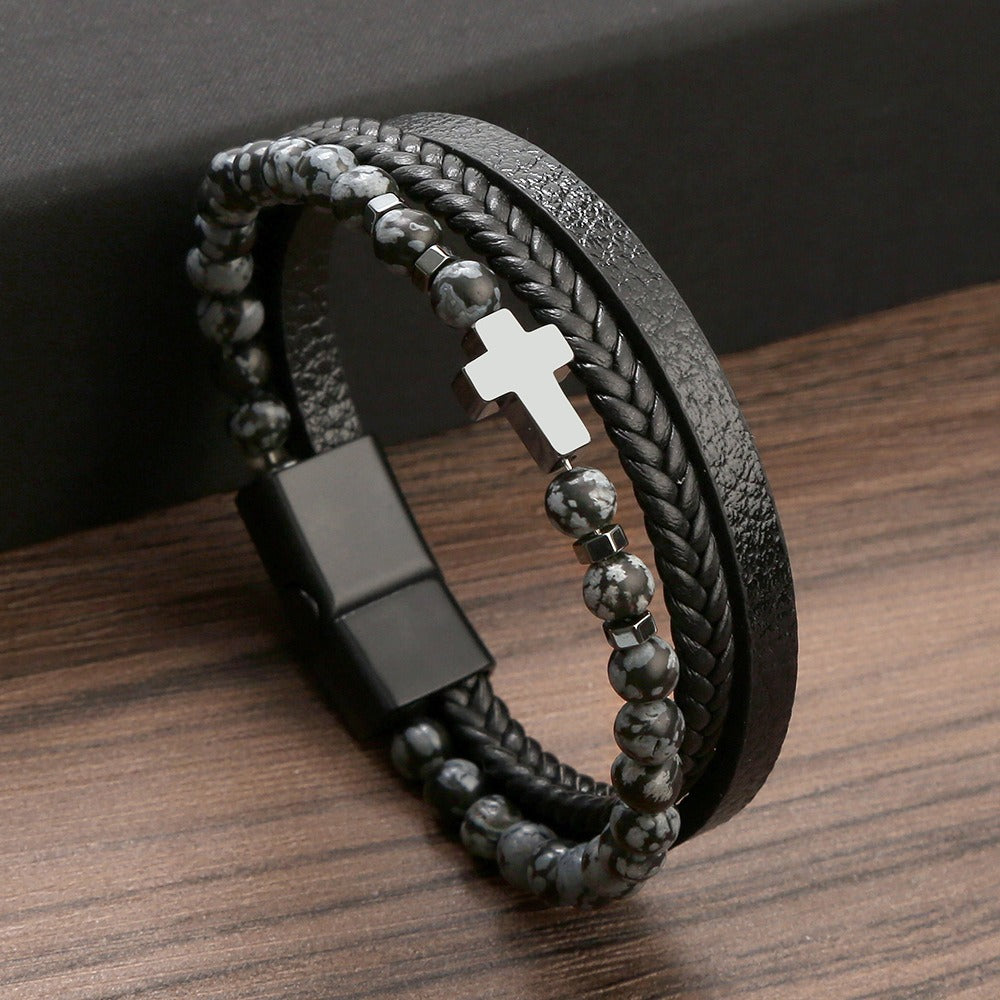 Bracelet Natural Stone Stainless Steel Bracelet Tiger Eye Stone Men's Cross Bracelet Jewelry