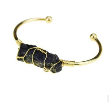 CSJA Natural Stone Bangle Gold-color Wire Wrap Irregular Crystal Quartz Cuff Copper Bracelets for Women Girls Kids Jewelry G327