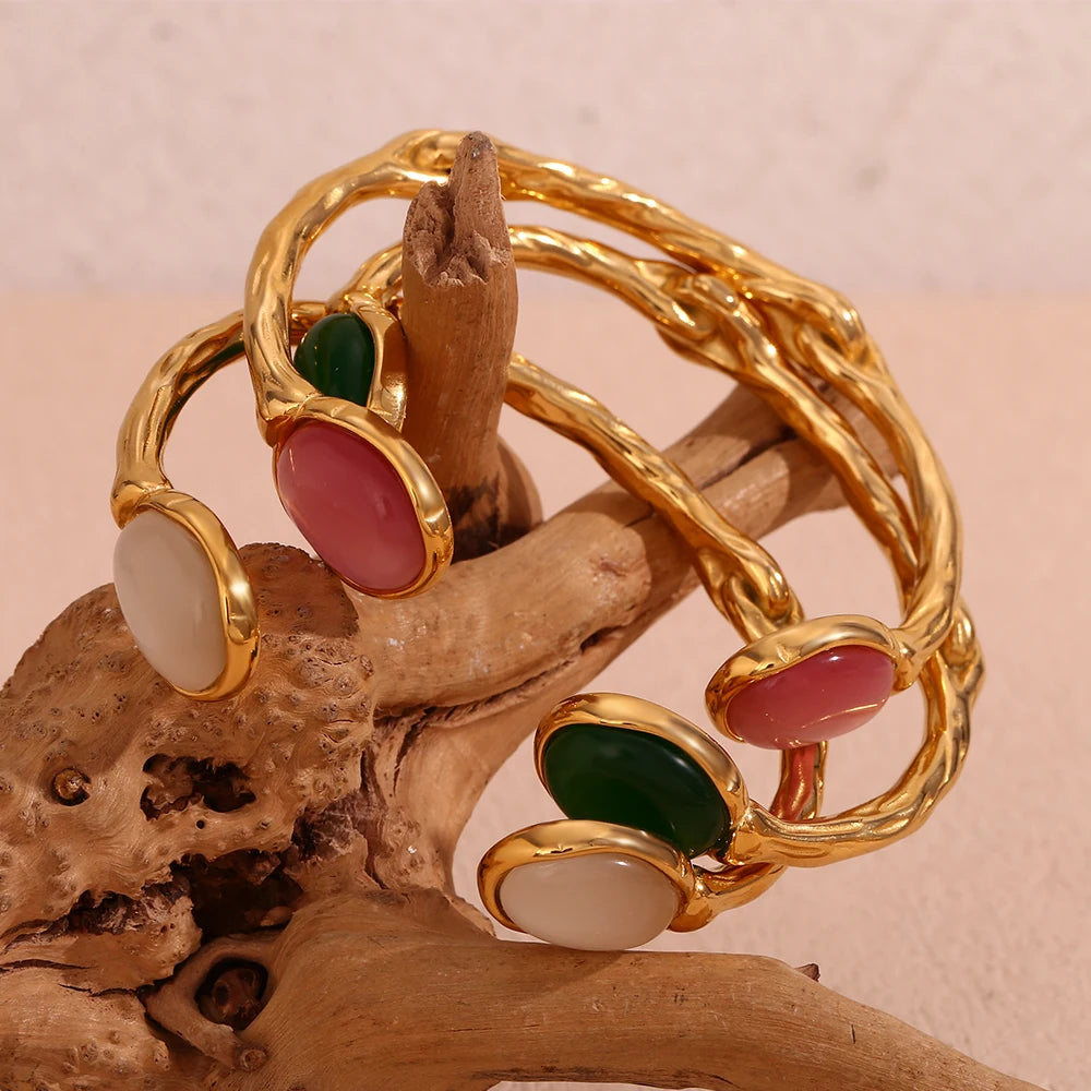 Natural Stones: Green Agate, Pink Crystal, 18K Gold Plated 316L Stainless Steel Bracelets