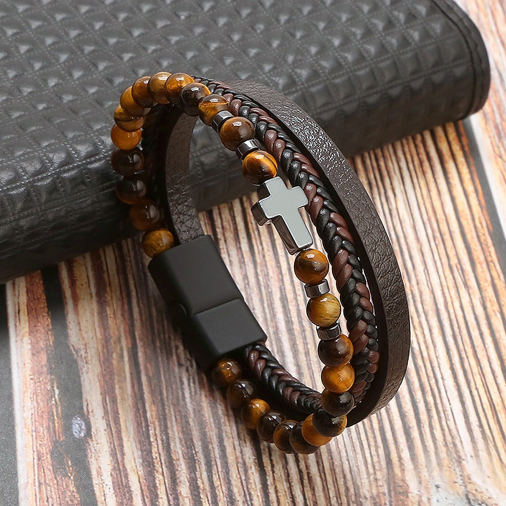 Bracelet Natural Stone Stainless Steel Bracelet Tiger Eye Stone Men's Cross Bracelet Jewelry