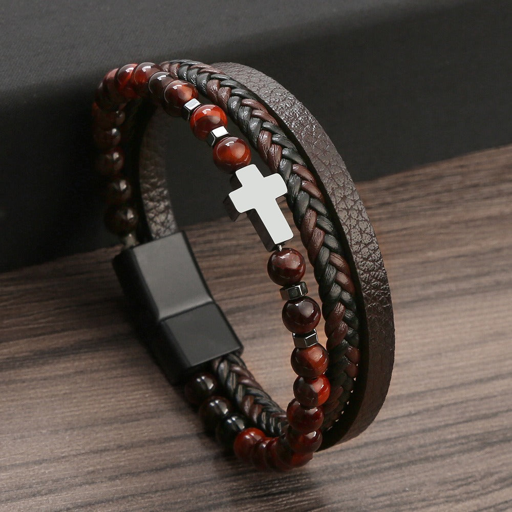 Bracelet Natural Stone Stainless Steel Bracelet Tiger Eye Stone Men's Cross Bracelet Jewelry