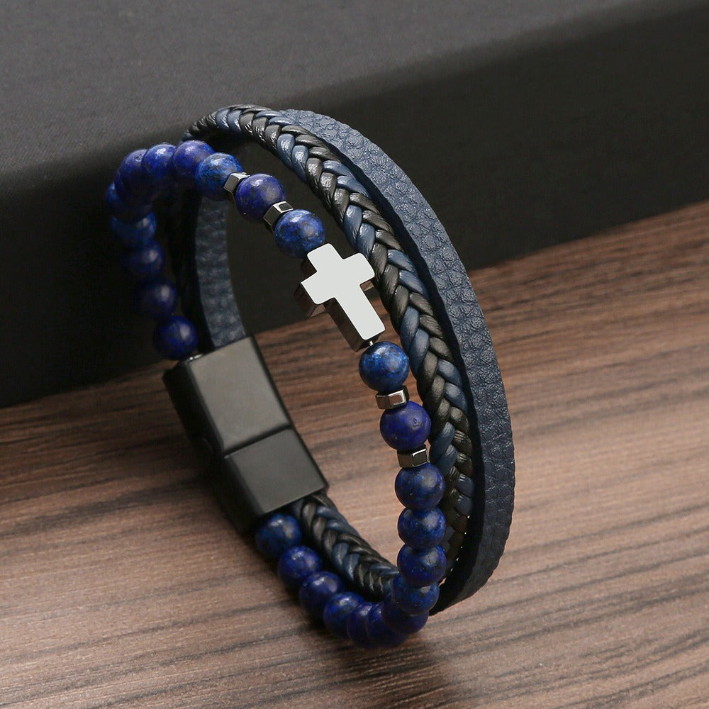 Bracelet Natural Stone Stainless Steel Bracelet Tiger Eye Stone Men's Cross Bracelet Jewelry