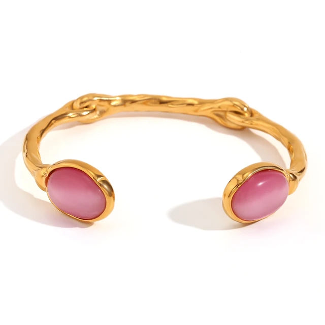 Natural Stones: Green Agate, Pink Crystal, 18K Gold Plated 316L Stainless Steel Bracelets