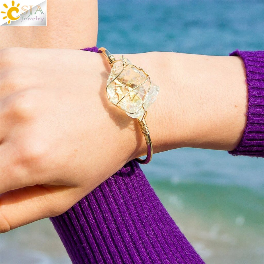 CSJA Natural Stone Bangle Gold-color Wire Wrap Irregular Crystal Quartz Cuff Copper Bracelets for Women Girls Kids Jewelry G327