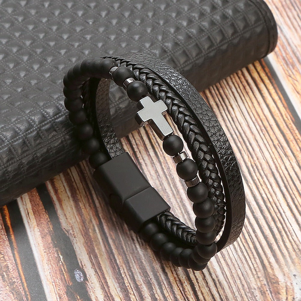 Bracelet Natural Stone Stainless Steel Bracelet Tiger Eye Stone Men's Cross Bracelet Jewelry